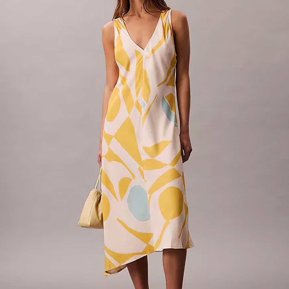 Calvin Klein Geo Print Asymmetrical Hem Midi Multi V Neck Dress Womens Size XL